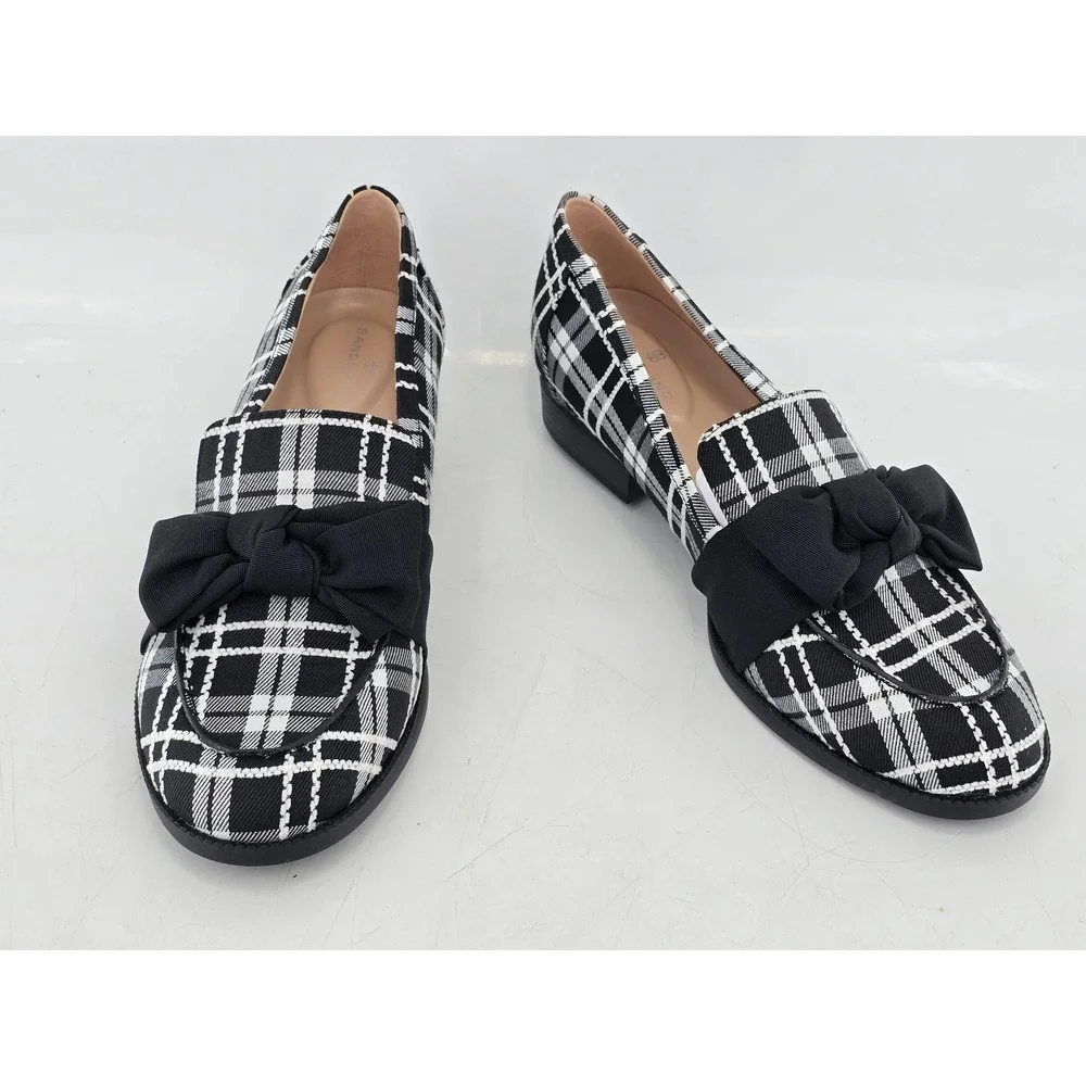 Bandolino Lindio Loafers Womens 9M Black White Plaid Bow Slip On Shoes -VGF